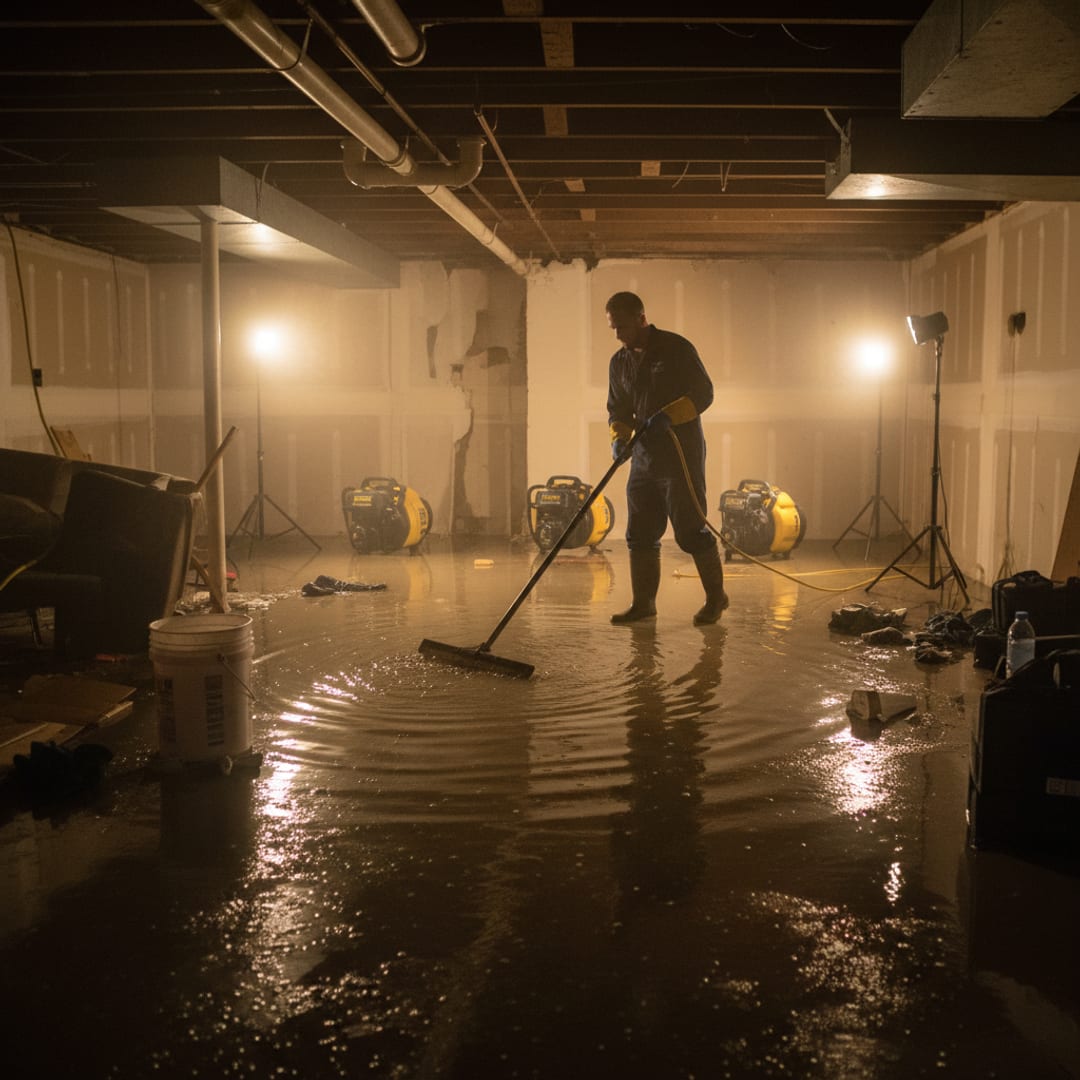 Restoration technician extracting standing water from a flooded basement at night