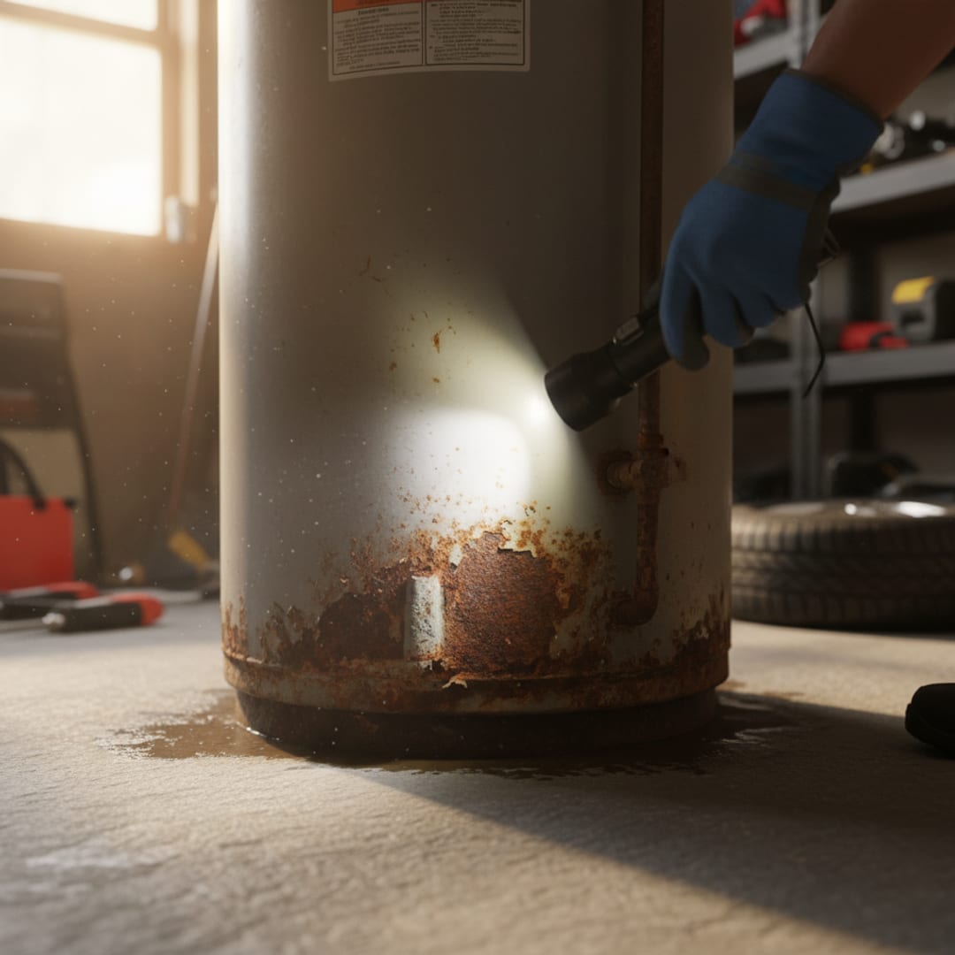 Technician inspecting the base of a residential water heater for rust and moisture