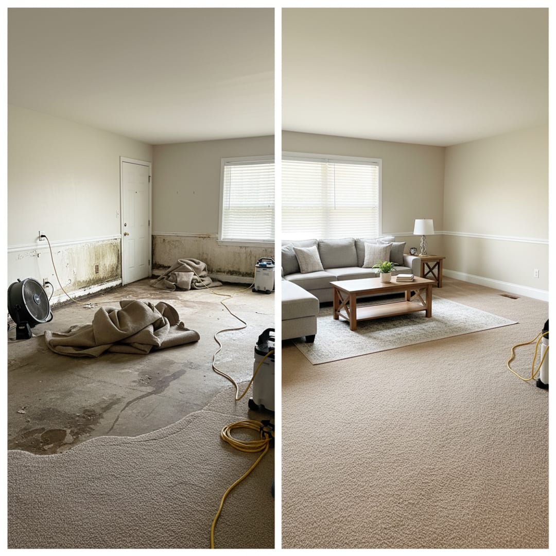 Before and after of a water-damaged living room, wet on the left and fully dried on the right
