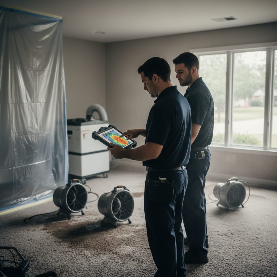 Two restoration technicians reviewing a moisture map on a tablet at a job site